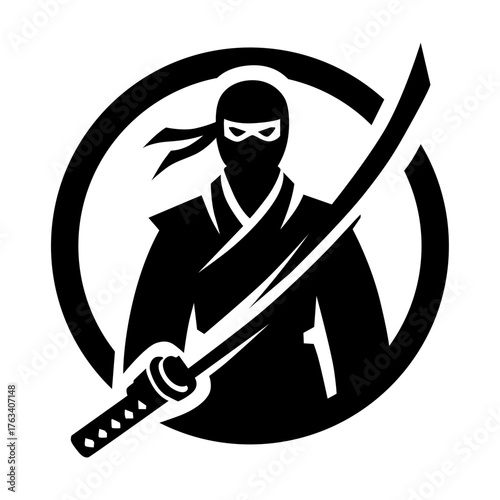 Stealthy Ninja Warrior with Katana in Circular Emblem