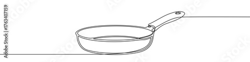 Deep frying pan in one line art style. Drawing of a kitchen cookware with a handle with editable black stroke on a white background. Vector illustration.