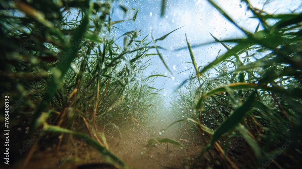 Fototapeta premium Low angle view through aquatic grass and clear water, showcasing nature's beauty