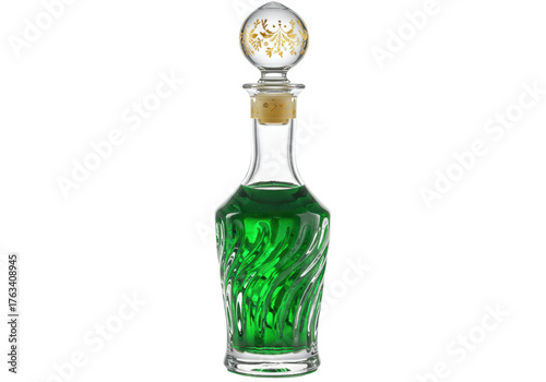 Isolated glass bottle with stopper containing green liquid, swirling in elegant shape