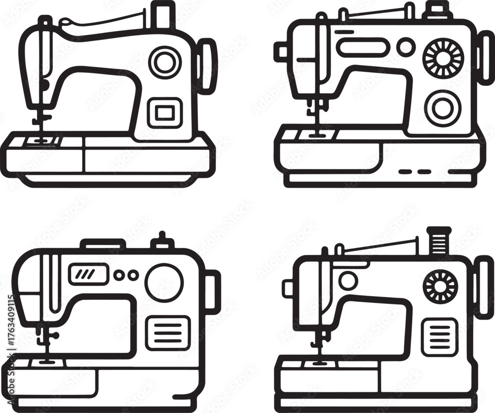 Fototapeta premium Set of Sewing machine Outline vector illustration isolated On Transparent Background