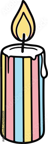 Colorful striped candle burning brightly with dripping wax on a white background