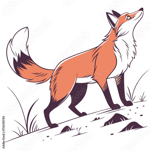 realistic digital illustration, highly detailed, 4k resolution, whimsical fox walking through grass, bright orange fur, black markings, large bushy tail, lifelike, photographic quality, fantasy.