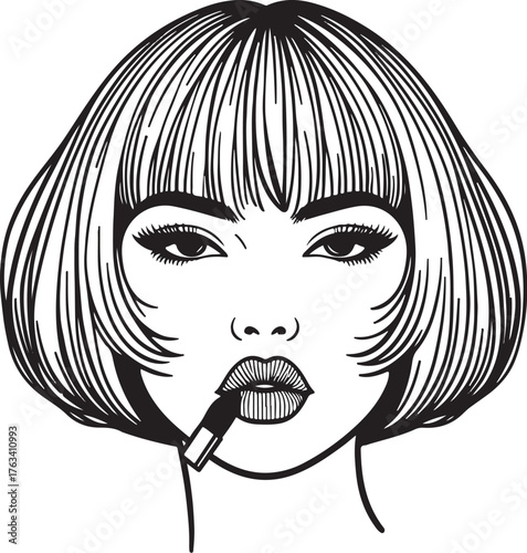 Retro 90s female face, bob haircut with bangs, lipstick detail, minimalist vector outline