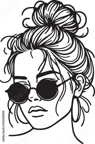 Retro 90s woman face, tied-up hair bun and round glasses, minimal vector black line