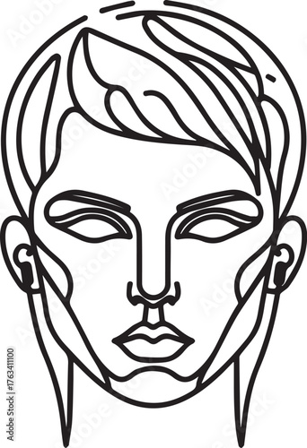 2025 minimalist portrait face with short hair and earphones, neutral emotion, sleek vector line style