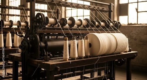 Vintage textile machine with spools of white thread in a factory.