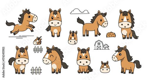 Cute cartoon horse collection for playful designs, children's illustrations, and delightful storybooks