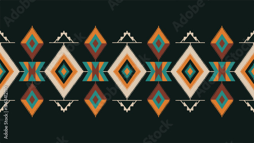 Horizontal Ethnic Geometric Pattern with Diamonds and Stylized Figures on Black Background