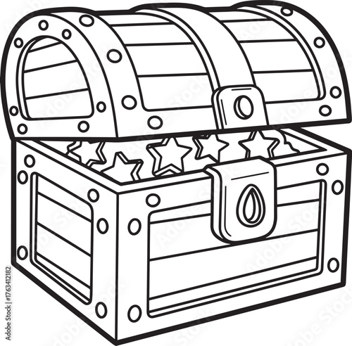 Vintage treasure chest vector illustration with open antique container. 