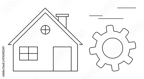 House outline paired with a gear, symbolizing concepts thumbs up technology, home innovation, engineering, real estate, process improvement, energy efficiency, and teamwork. Minimalist flat metaphor