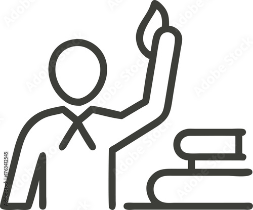 Student raising hand with books isolated on white background