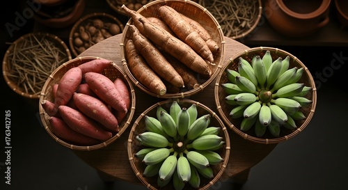 An overhead view of woven baskets filled with fresh sweet potatoes, cassava roots, and green bananas.