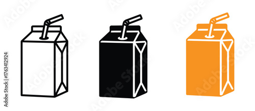 A set of three juice cartons one orange two yellow with a straw drink beverage