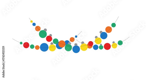 Colorful Christmas garland with festive ornaments on white background  