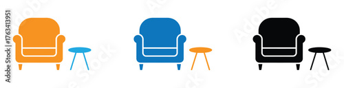 Chic minimalist armchair and side table set in vibrant orange, cool blue, and classic black perfect for modern interior design projects and cozy living spaces