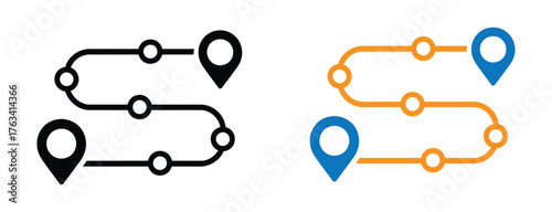 Route Optimization line icon, Route icon between two points with dotted path and location pin. Route location icon
