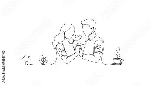 Loving couple's continuous line art symbolizing home, growth, and shared moments over coffee.