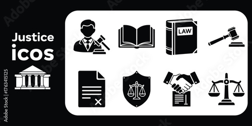 Law and justice icon set. Includes judge, gavel, scales of justice, law book, and courthouse. Legal and court glyph symbols.