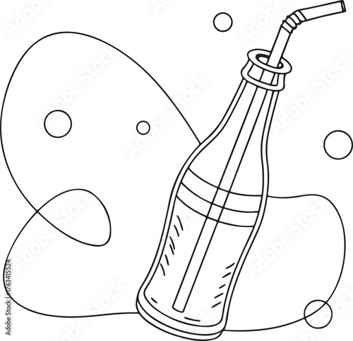 Minimal Line Art Soda Bottle with Straw and Bubbles – Vector Illustration