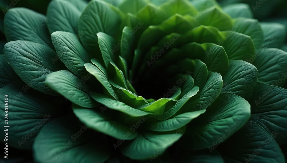 Obraz premium Abstract green fractal pattern shows organic leaf shapes. Dark to light green shades create spiral design with textured lines. Resembles plant flower from above, showing growth, nature, fresh health,