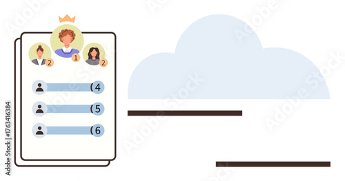 Leaderboard displaying ranked user profiles with avatars and point scores, emphasizing top users with a crown. Ideal for competition, leaderboard, gaming, teamwork, ranking, status, achievement