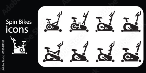 Stationary exercise bike icon set. Collection of spin bikes for cardio workouts. Gym and home fitness equipment symbols.