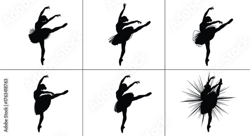 Ballerina silhouette, abstract tutu, dance transformation, artistic pose, black figure, expressive motion, ballet evolution, dramatic style, creative distortion, graceful kick