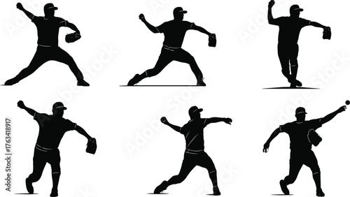 Baseball pitcher silhouette, throwing motion, athletic stance, sports action, black figure, dynamic pose, isolated, vector illustration, team sport, competition