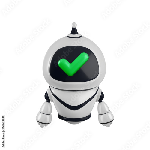 Vector cartoon 3d robots accepted icon. Realistic 3d render robot character with green checkmark on face screen. Safe approved chat bot technology, smart robotic support service concept.