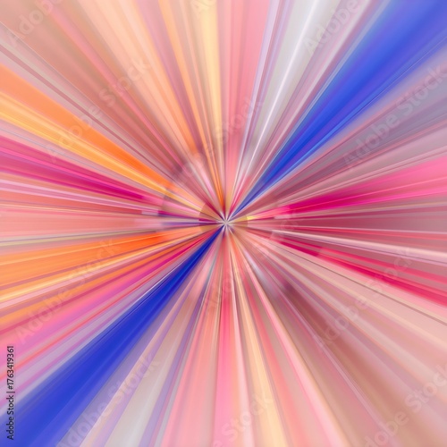 Abstract radial blur with vibrant pink, orange, blue, and white lines emanating from a central point.