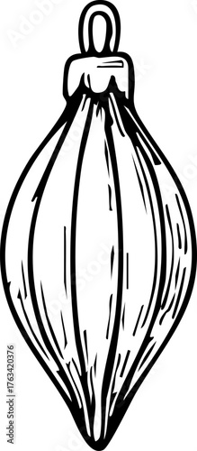 Black and white hand drawn Christmas teardrop ornament with simple sketch outline. Minimal festive decoration element on transparent background, perfect for holiday design