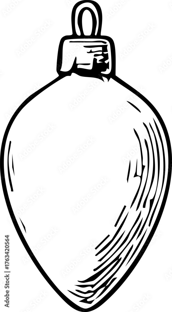 Obraz premium Black and white hand drawn teardrop shaped Christmas ornament in minimal sketch outline style. Elegant festive decoration element for winter and holiday design