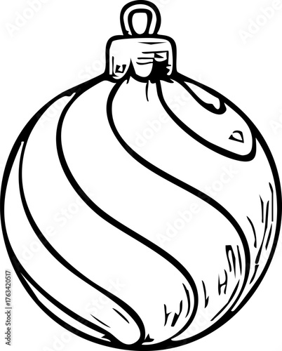 Black and white hand drawn Christmas bauble with spiral stripe pattern. Minimal festive ornament in vintage sketch outline style for holiday and winter design