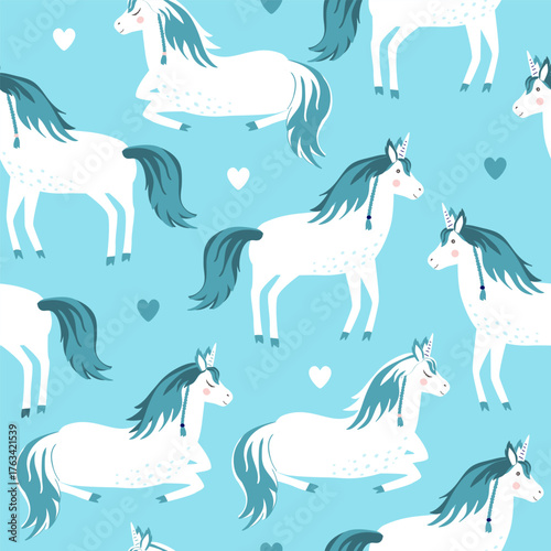 Seamless pattern with cute unicorns and hearts. Pastel light blue palette. Vector illustration.