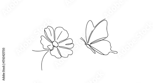 Single-line drawing of a flower and butterfly, continuous black line on a white background, minimalist botanical vector, trending on Behance