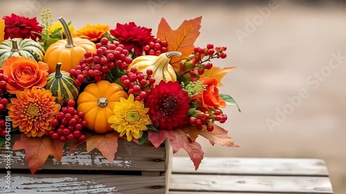 Wallpaper Mural Festive autumn arrangement of pumpkins, flowers, berries, and leaves in a crate Torontodigital.ca
