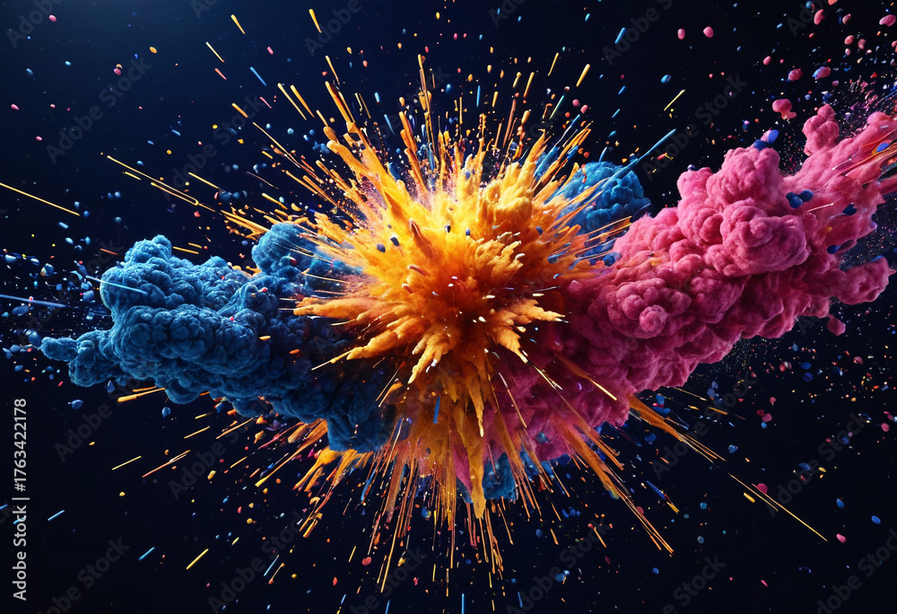 Fototapeta premium Vibrant explosion of colorful powder and particles erupting against a dark background, creating a dynamic and energetic visual effect