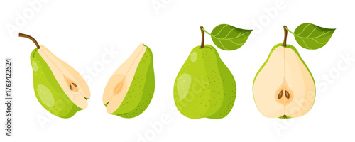 Pear illustrations set. Ripe juicy pear. Whole, halved and sliced ​​pears. Hand drawn food clipart, flat style, isolated. For greeting cards, stickers, tshirts, mug, poster. Vector illustration