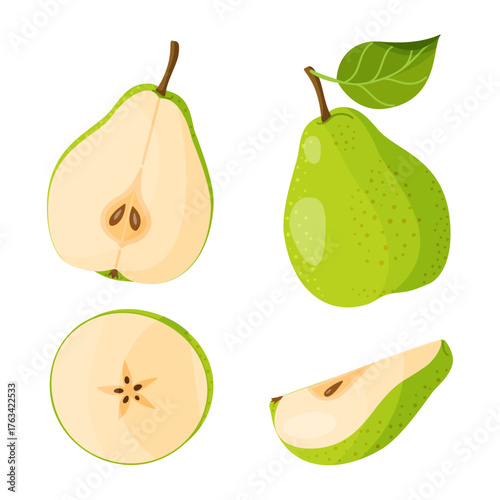Pear illustrations set. Ripe juicy pear. Whole, halved and sliced ​​pears. Hand drawn food clipart, flat style, isolated. For greeting cards, stickers, tshirts, mug, poster. Vector illustration
