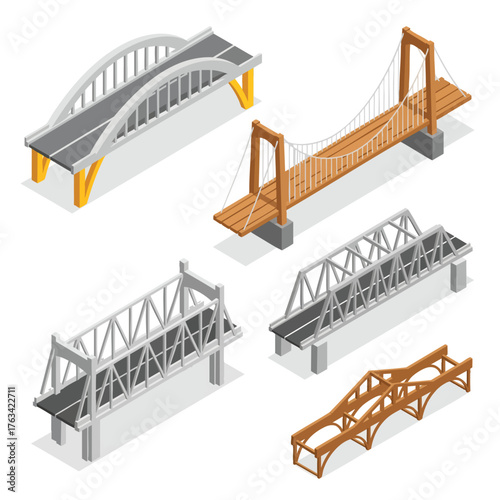 Isometric collection of various bridge structures featuring steel truss wooden suspension and modern arch designs.