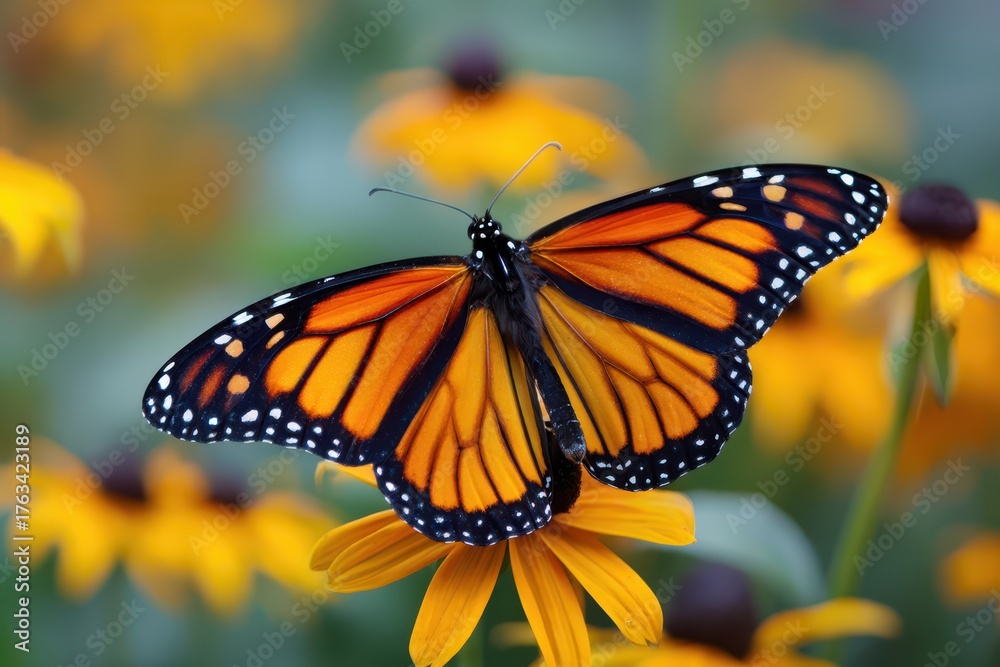 Obraz premium Beautiful Monarch Butterfly on Black-Eyed Susan. Colorful Insect in Garden Conservation