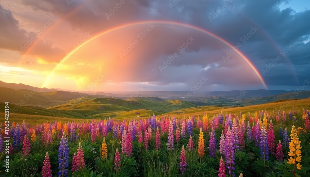 Obraz premium Field of colorful lupine flowers with double rainbow over green hills during sunset. Moody sky with golden light breaking through clouds. A beautiful natural landscape.