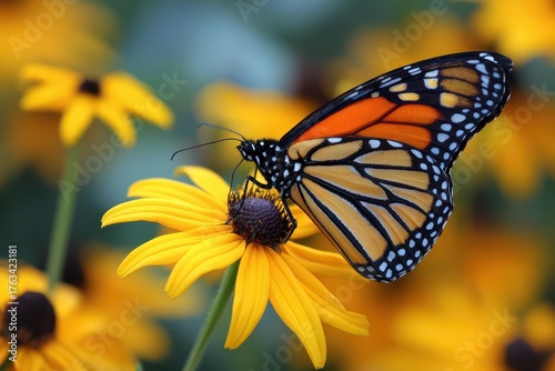 Beautiful Monarch Butterfly on a Black-Eyed Susan Flower: Colorful Garden Conservation
