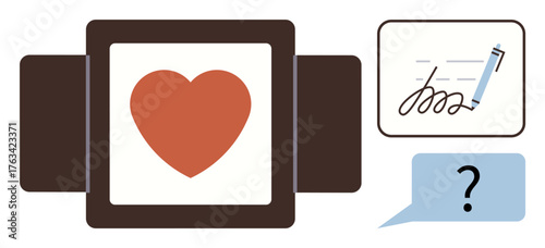 Heart framed at center, pen and signature next to it, and a speech bubble with question mark. Ideal for love, commitment, decision-making, communication, expression relationships trust. Simple flat