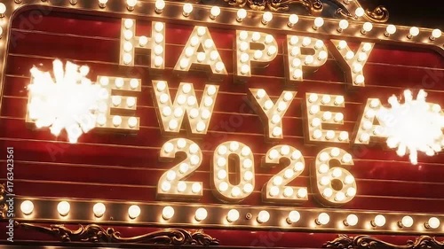 Close-up Marquee Sign with Happy New Year 2026 Light Bulbs