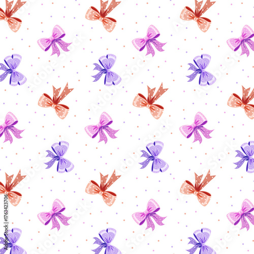 White polka dot background with multi-colored bows.Vector seamless pattern with multicolored bows on a white polka dot background.