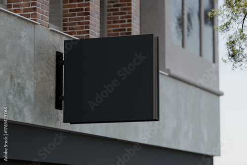 Matte black square blade sign on urban wall, mockup