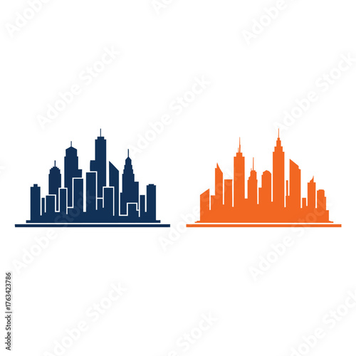Set of two stylized city skyline silhouettes one in dark blue and one in bright orange depicting a modern urban metropolis.