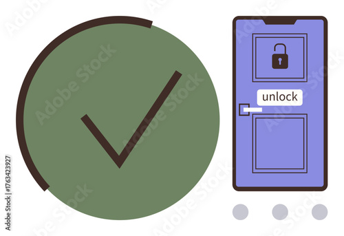 Green check mark alongside a locked purple door featuring an unlock sign and smart access elements. Ideal for security, access, confirmation, approval, verification, success, technology. Simple flat